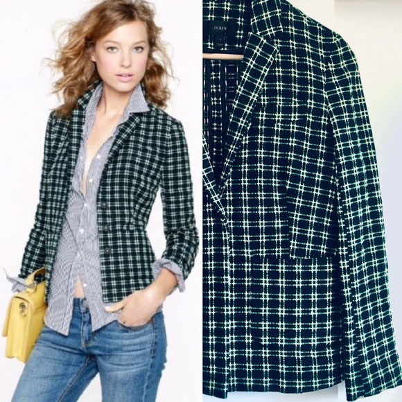 J.Crew Embroidered Plaid Blazer Green White Navy